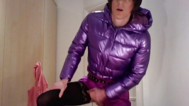 jess silk riding dildo in purple satin dress and shiny purple jacket wth short wig